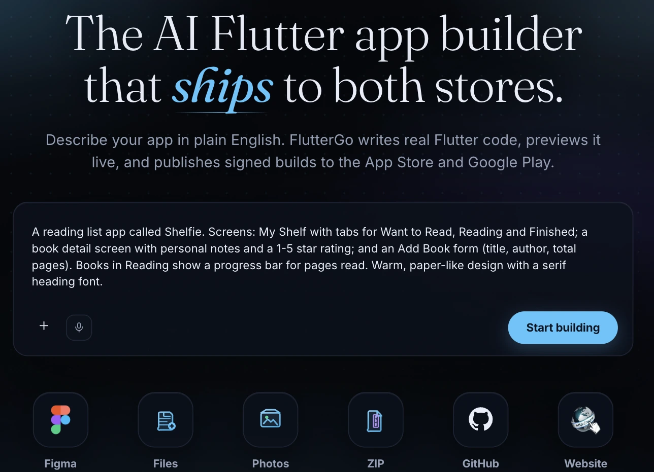 The FlutterGo studio home screen with the Shelfie prompt typed into the "Describe the app you want" box and the Start building button.