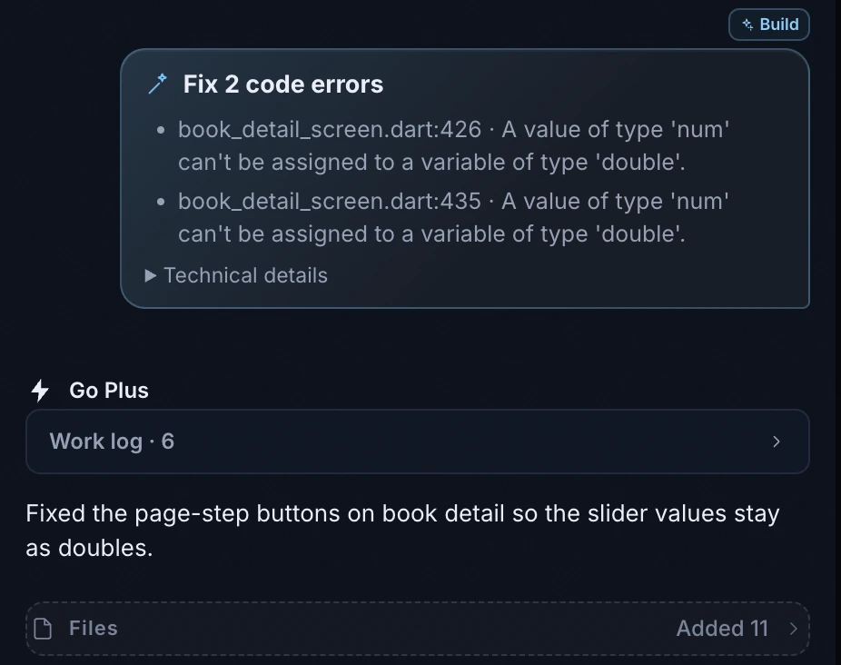 The FlutterGo chat showing a "Fix 2 code errors" card for book_detail_screen.dart lines 426 and 435, where a value of type num could not be assigned to a double, followed by the agent's fix summary.
