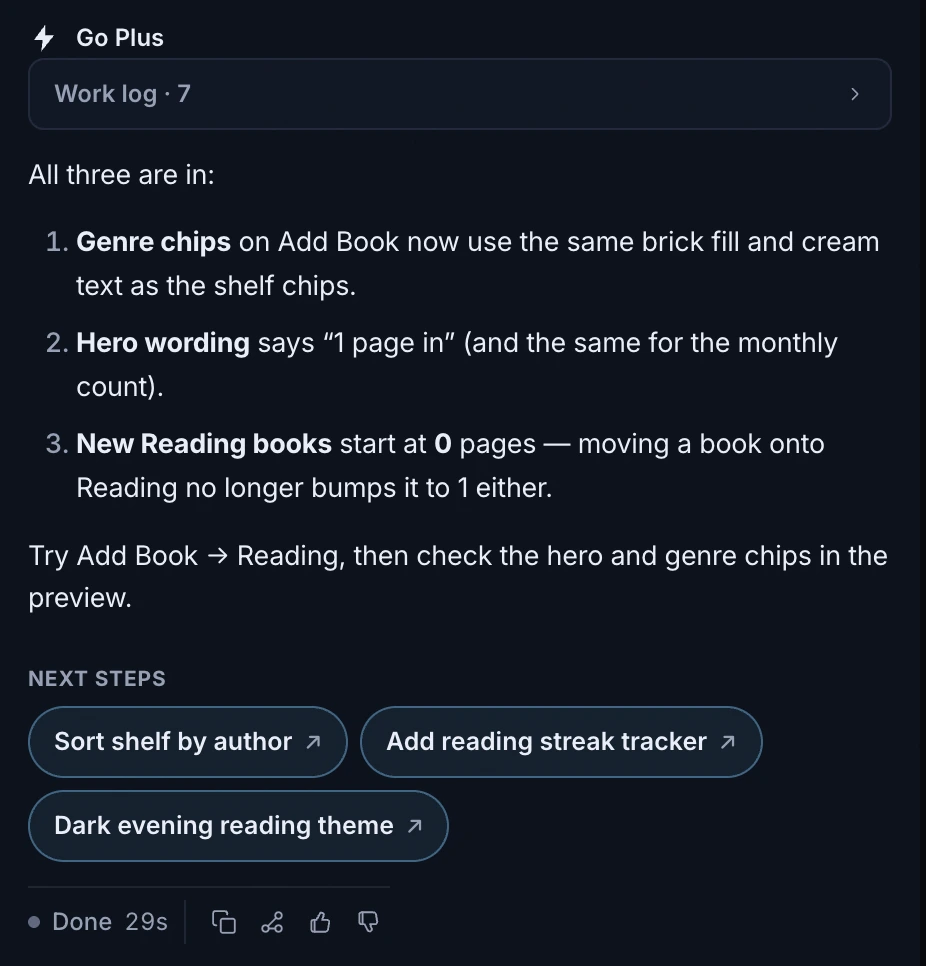 The FlutterGo chat reply confirming all three fixes: genre chips now use the brick fill and cream text, the hero wording is singular-aware, and new Reading books start at 0 pages, with suggested next steps below.