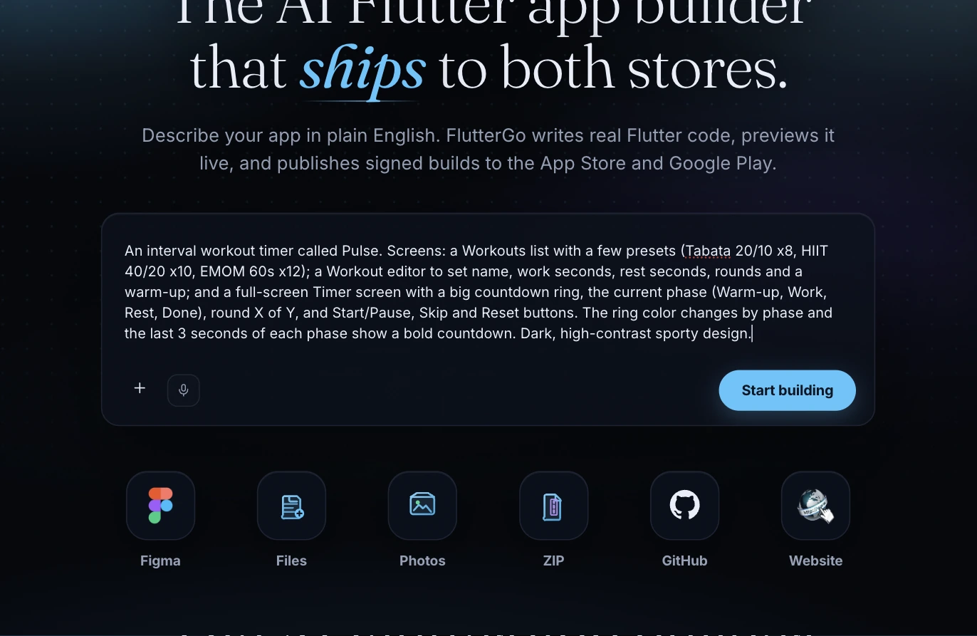 The FlutterGo studio home screen with the Pulse prompt typed into the description box and the Start building button.