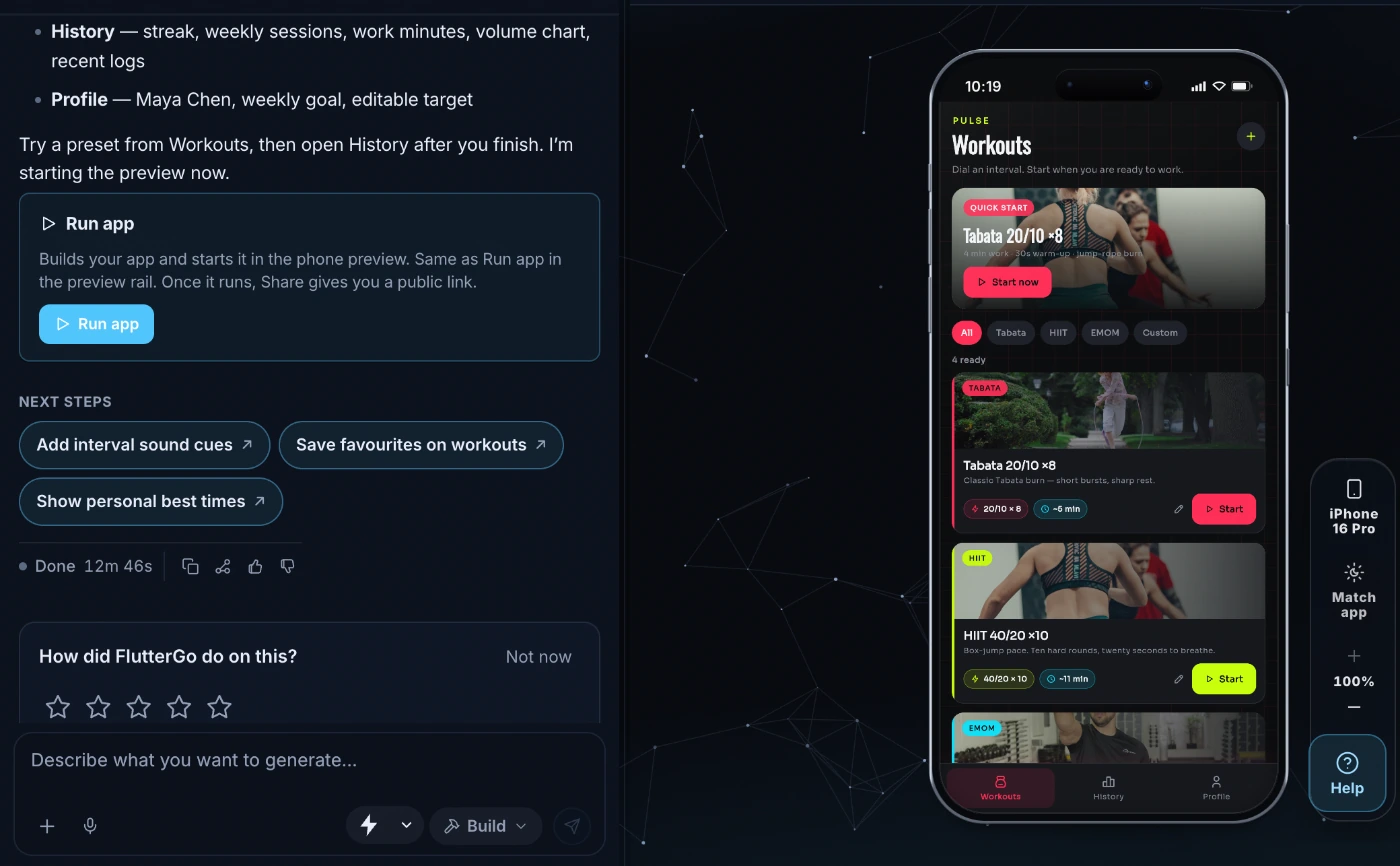 The FlutterGo workspace after the build: the chat lists what was built and shows Done 12m 46s, and the iPhone preview shows Pulse's Workouts screen.