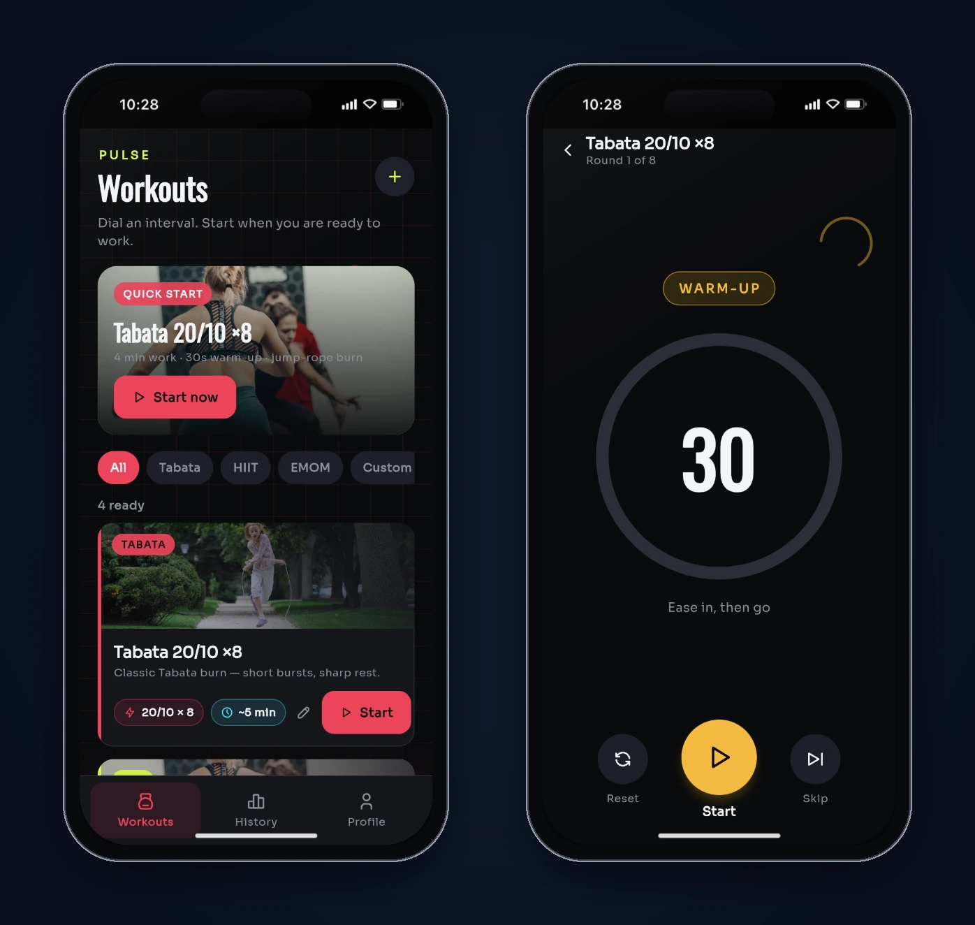 Two Pulse screens side by side: the Workouts list with a Quick start card for Tabata 20/10 ×8, and the timer ready to start in the Warm-up phase at 30 seconds.
