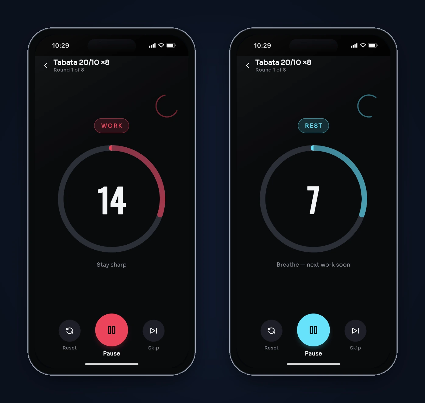 Two timer screens: the Work phase at 14 seconds with a red ring and the Rest phase at 7 seconds with a cyan ring and the caption Breathe, next work soon.