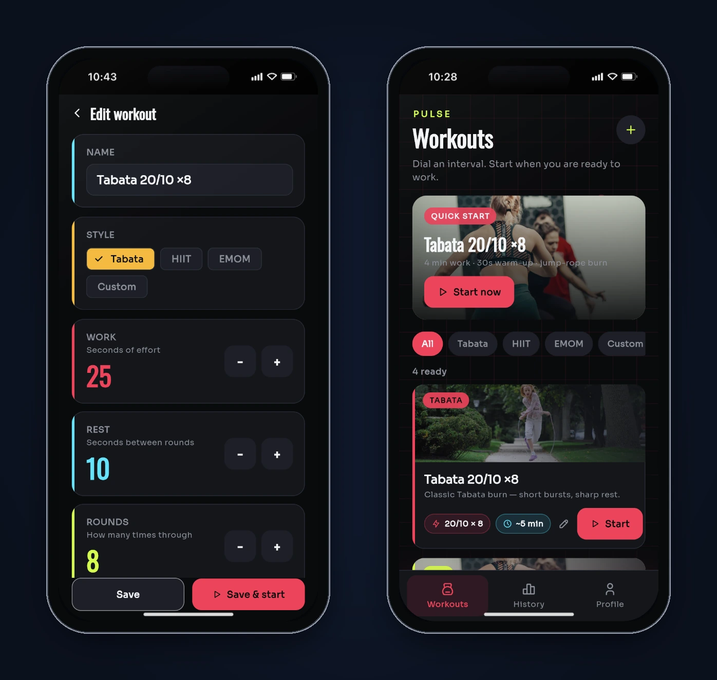 The Edit workout screen with Work set to 25, next to the Workouts list where the Tabata card still shows 20/10 × 8 after Save.