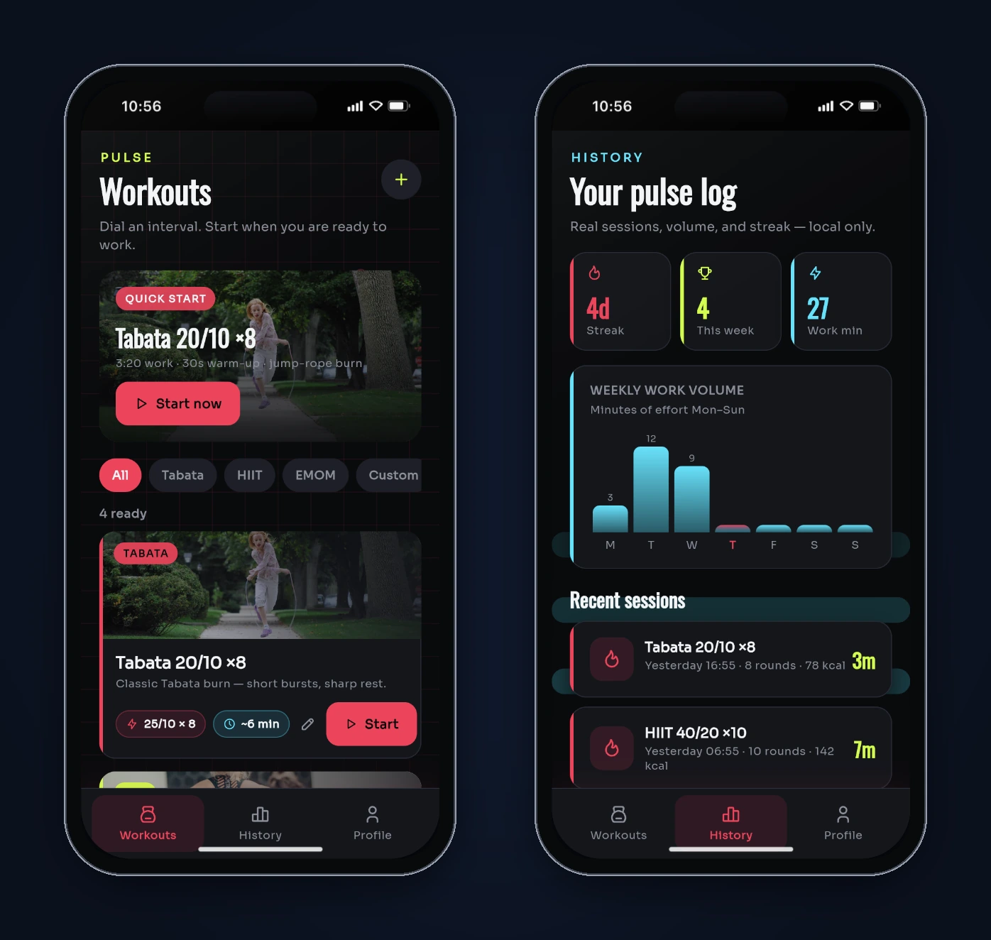 After the fix: the Workouts list with the Tabata card showing 25/10 × 8 and a Quick start line of 3:20 work, and History with no session logged for the skipped run and the chart labels inside the card.