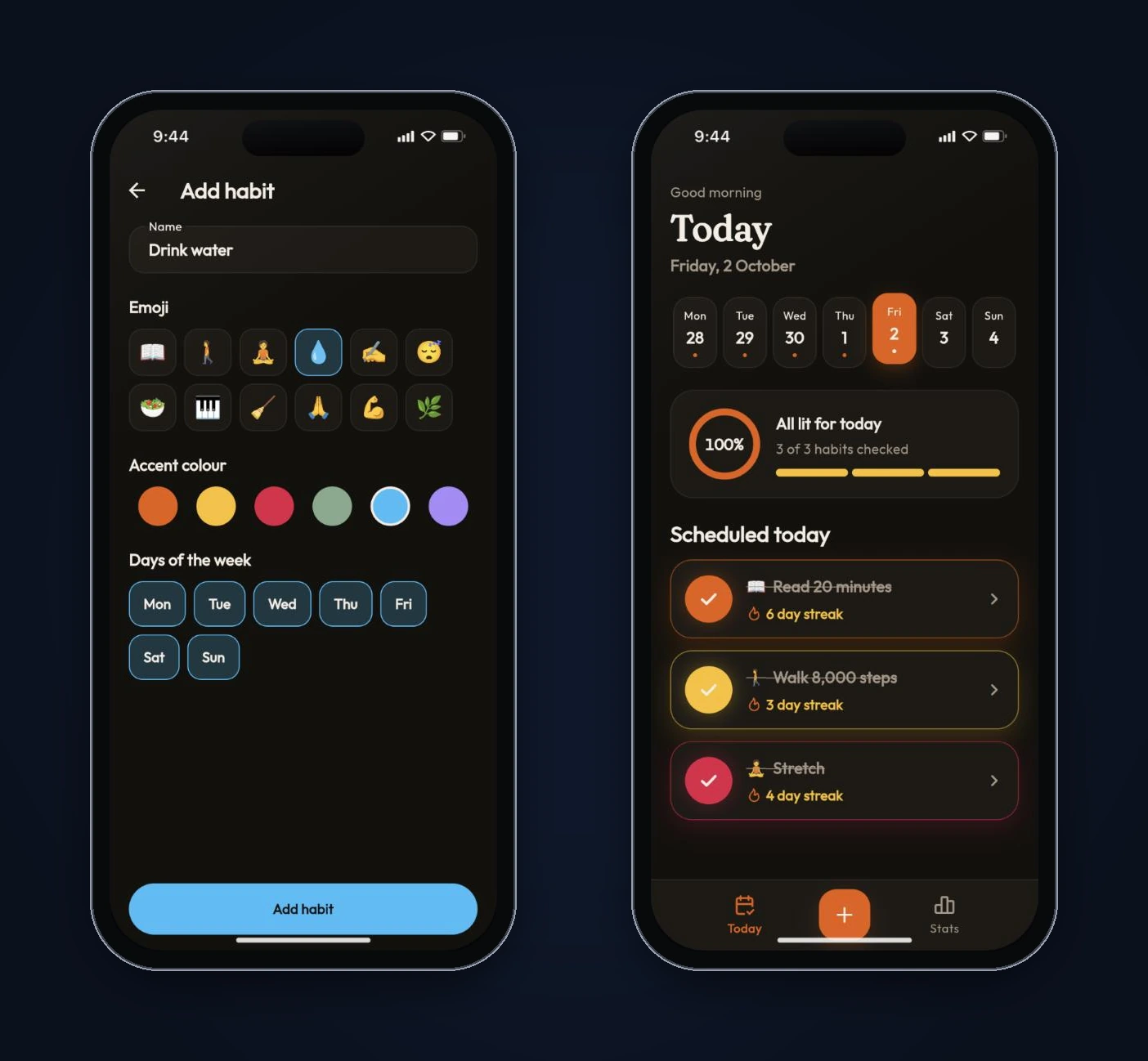 Two Ember screens from the fixed build: the Add habit form filled in for Drink water with the water drop emoji, sky accent and every day selected, and Today with all three starter habits checked and the ring at 100%.