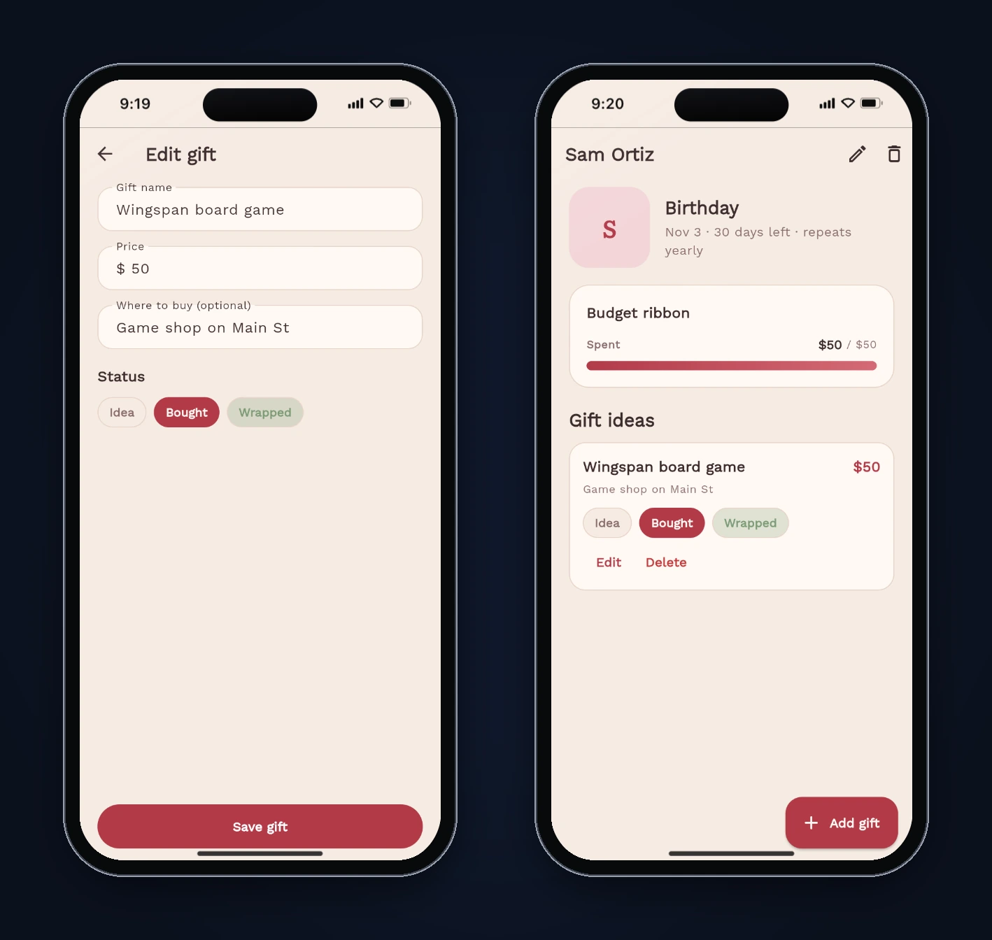 The first build's Edit gift form showing "$ 50" for a $50.40 gift, and the person page after saving, where the over-budget warning is gone because the price is now $50