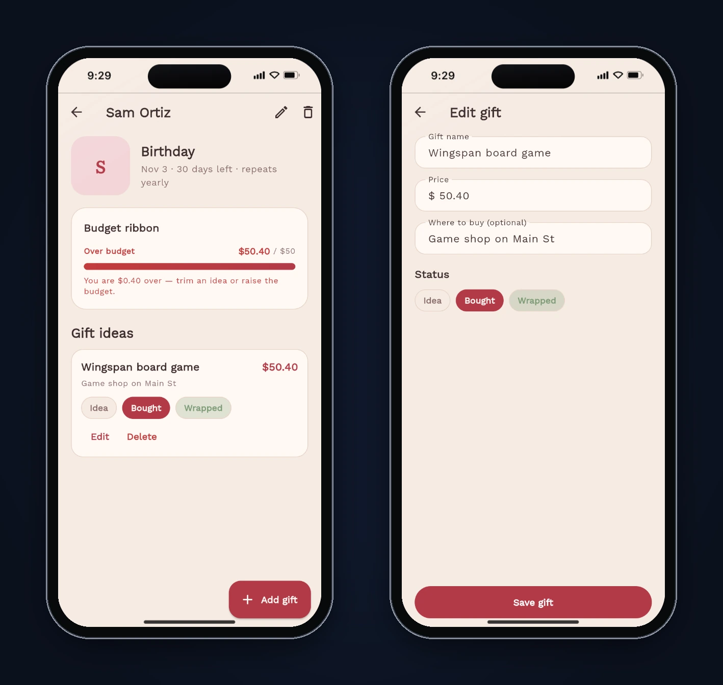 The fixed build: Sam's budget card reading "$0.40 over" and the Edit gift form keeping $50.40