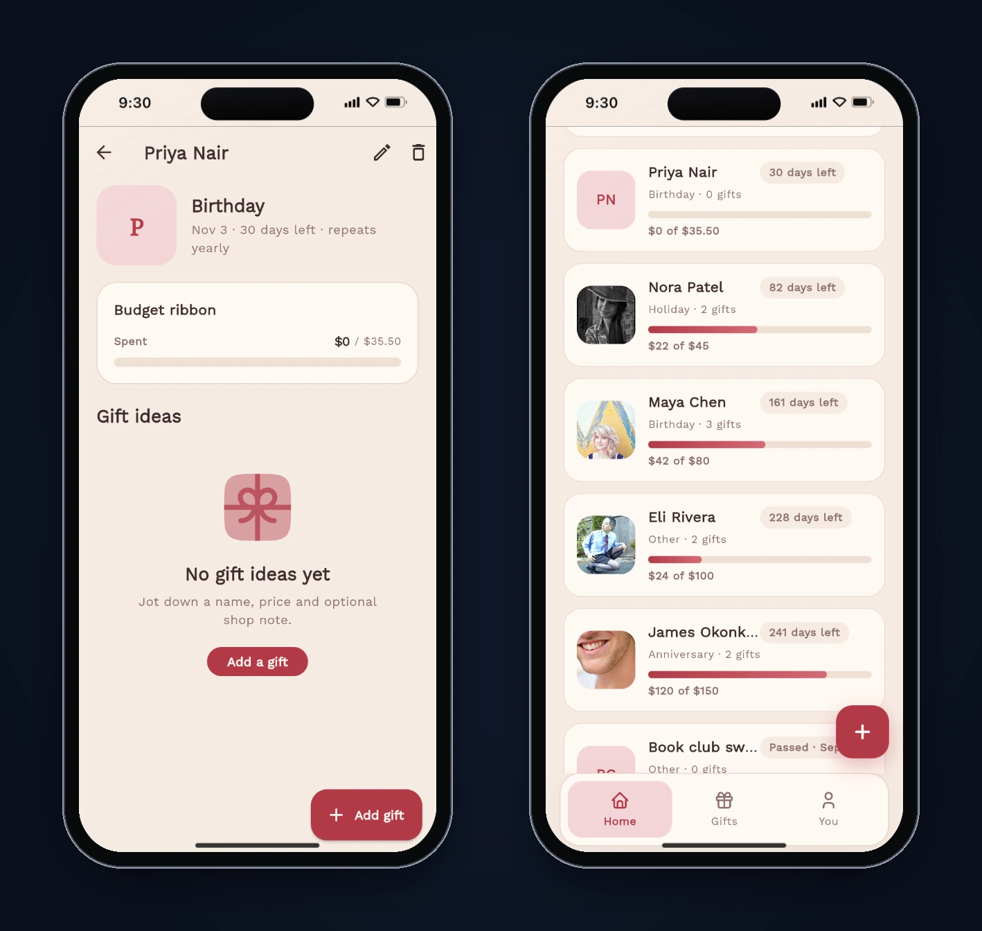 A newly added person page with a back arrow, and the Home screen it returns to