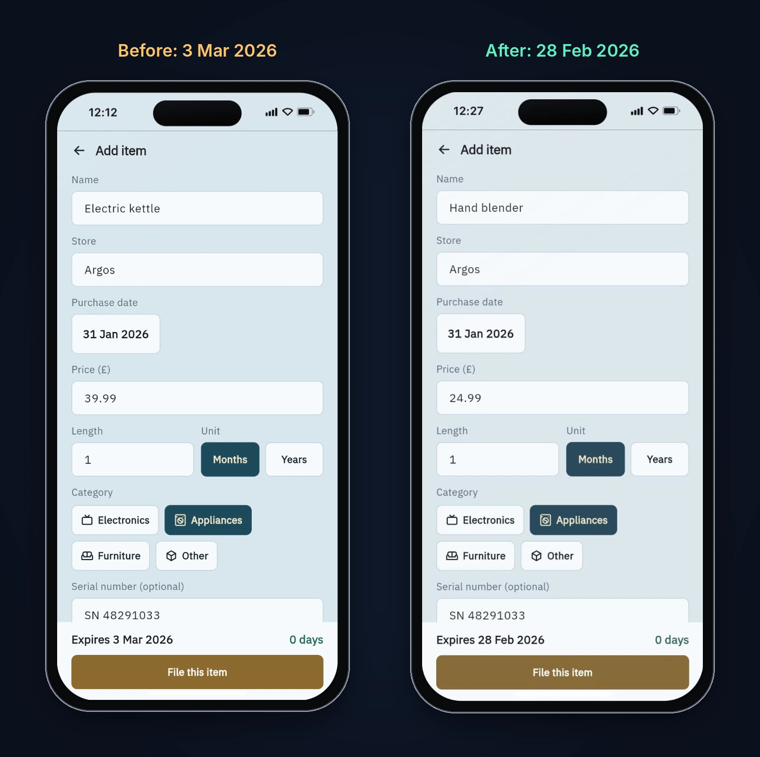 The same one-month warranty bought on 31 January 2026: the first build says it expires 3 March 2026, the fixed build says 28 February 2026