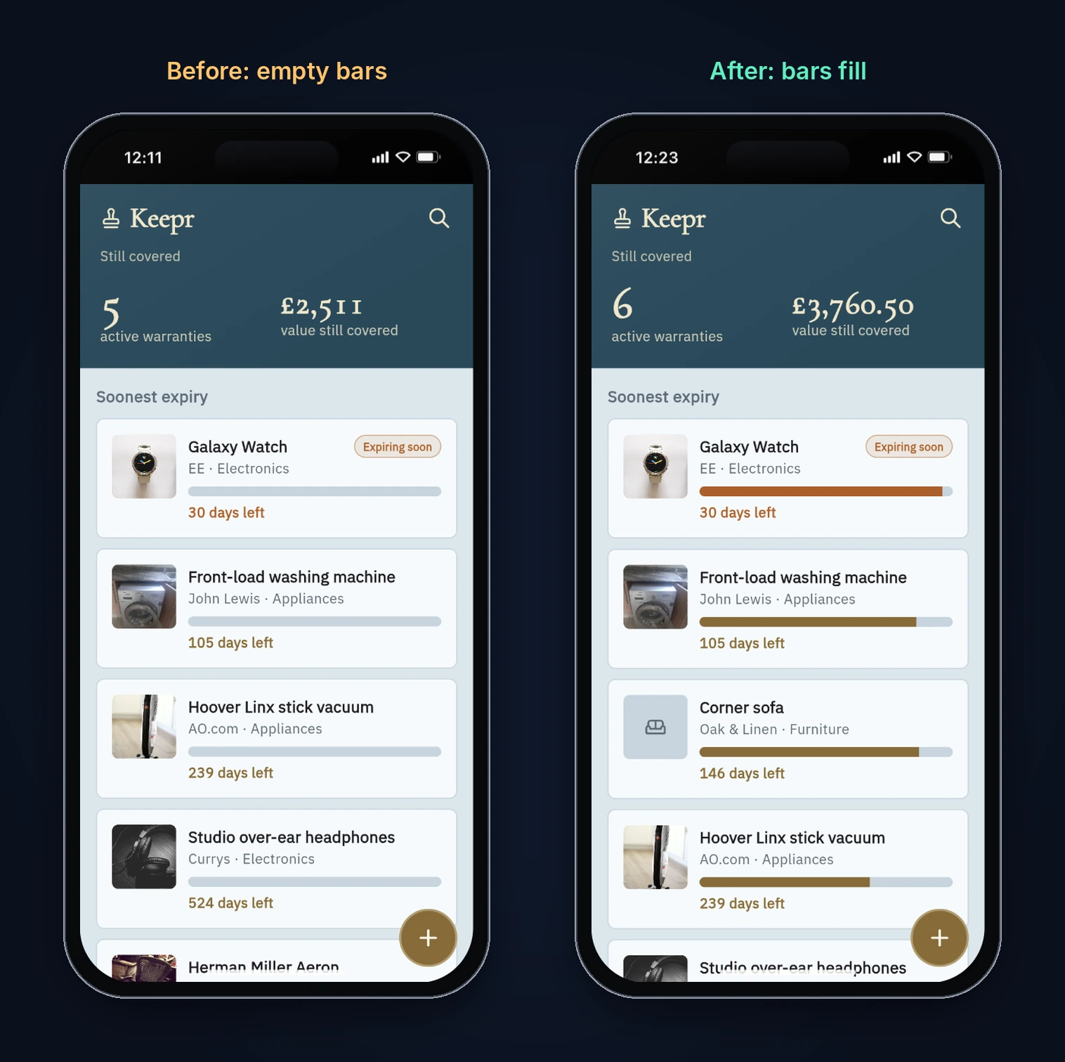 Keepr Home before and after the fix: the same list, first with empty progress bars, then with bars filled to show how much of each warranty has been used