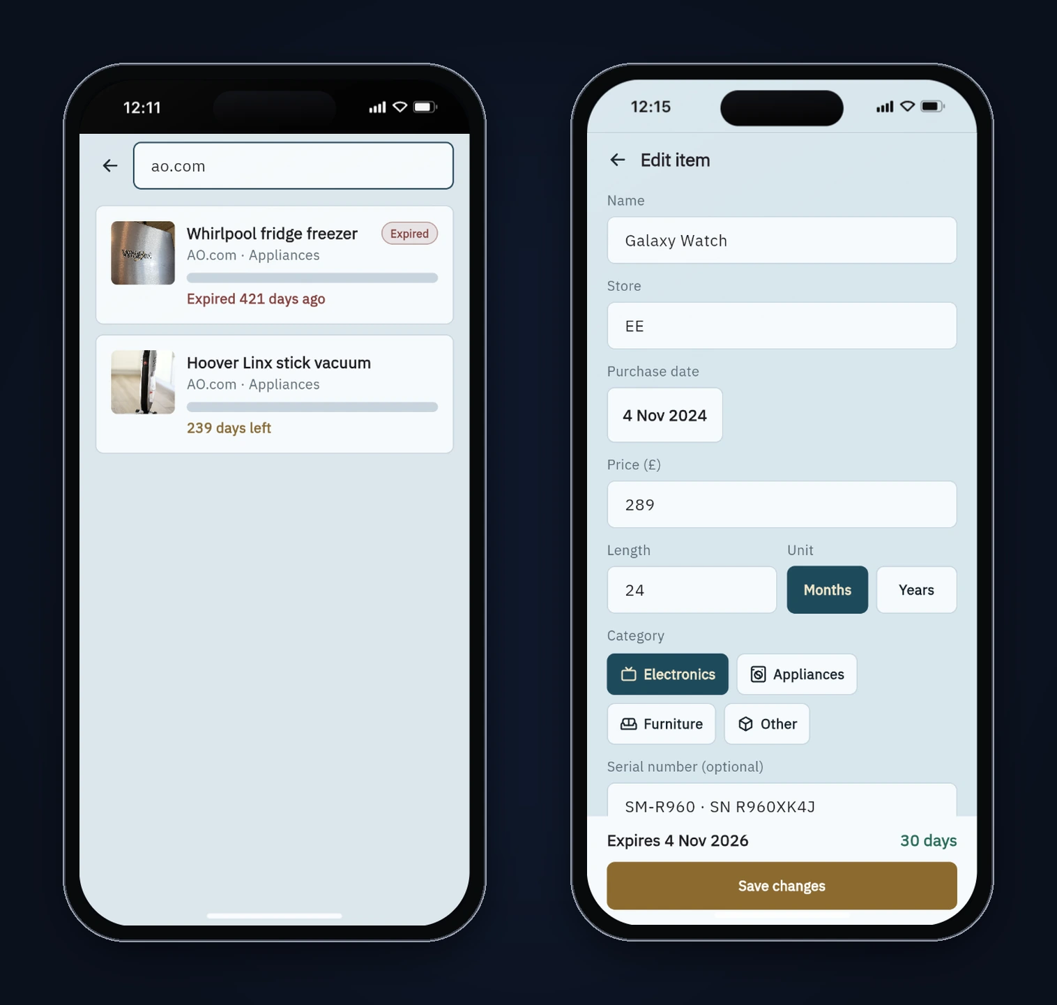Keepr search filtering by store "ao.com" to two items, and the edit screen for the Galaxy Watch with every field filled in