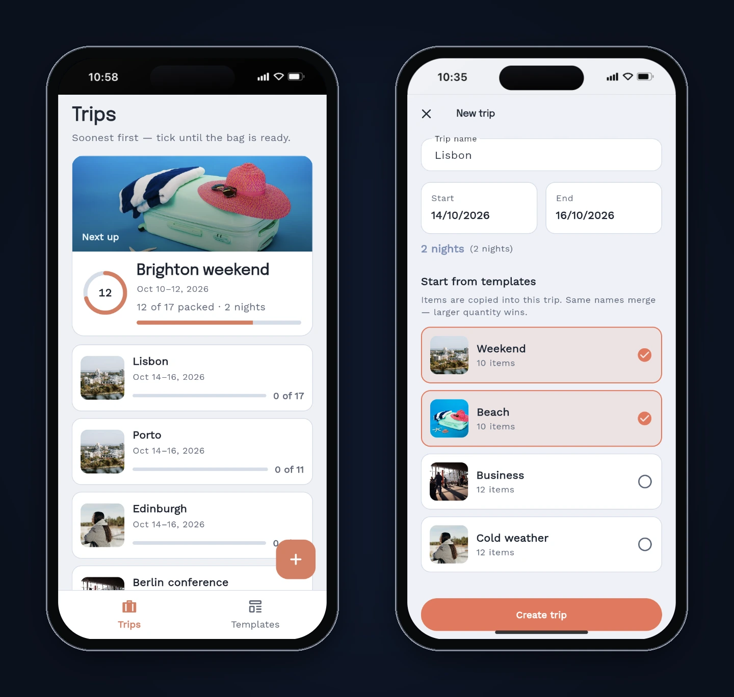 Packwell's Trips list with progress rings, and the New trip screen with the Weekend and Beach templates selected