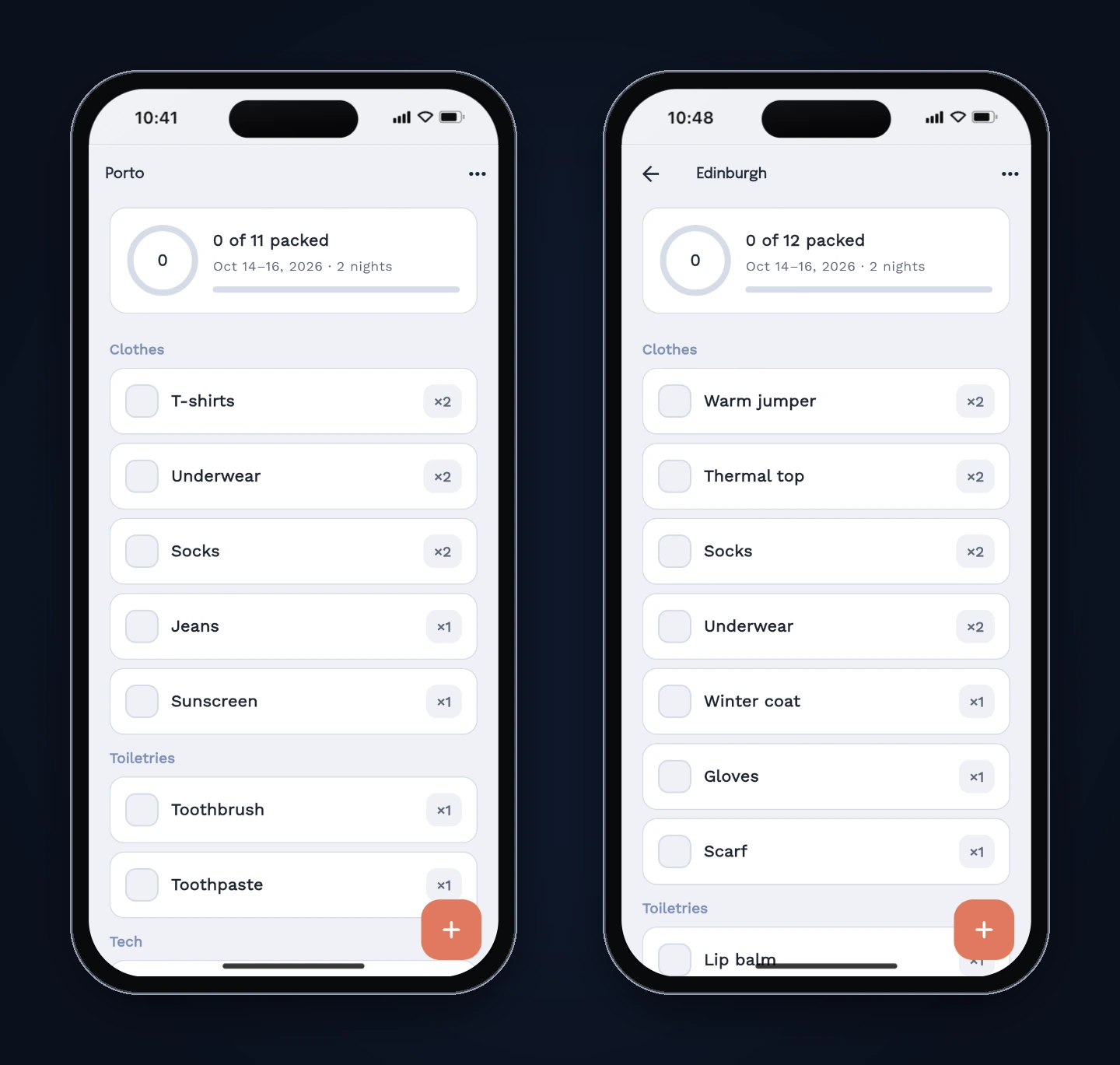 Left: the Porto checklist right after creation with no back arrow. Right: the Edinburgh checklist after the fix, with a back arrow