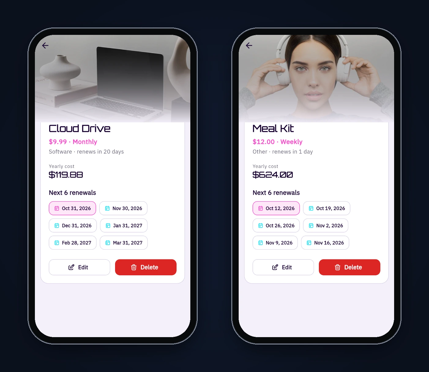 Two Renewly detail screens. Cloud Drive, monthly from 31 January, lists Oct 31, Nov 30, Dec 31, Jan 31, Feb 28 and Mar 31. Meal Kit, weekly, lists Oct 12, Oct 19, Oct 26, Nov 2, Nov 9 and Nov 16