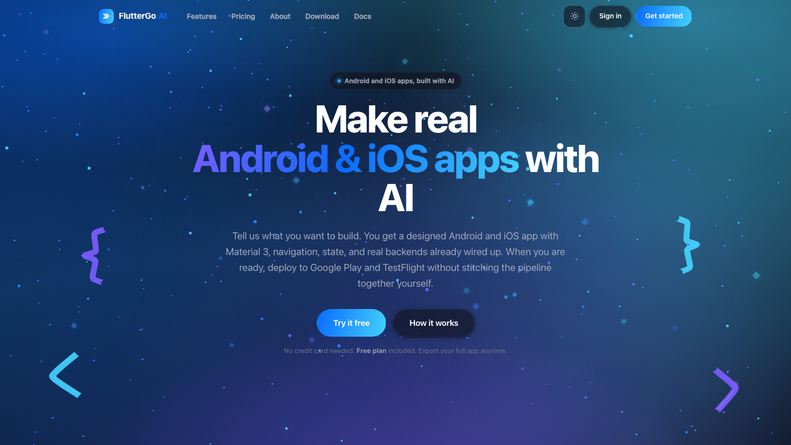 The FlutterGo.AI home page with Sign in and Get started buttons