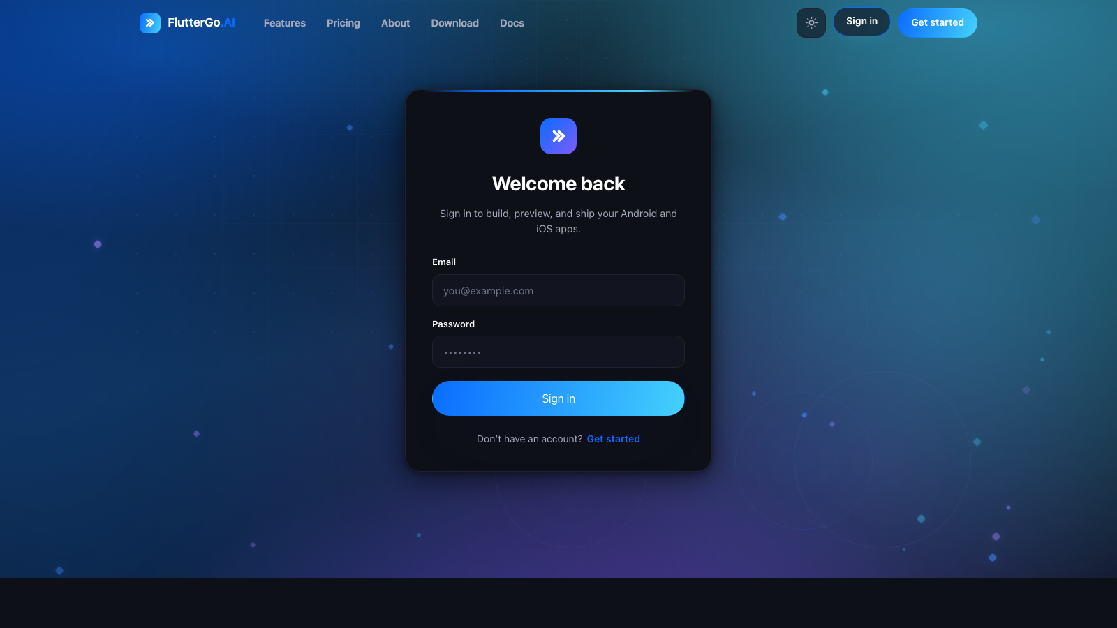 Welcome back sign-in page with email and password fields