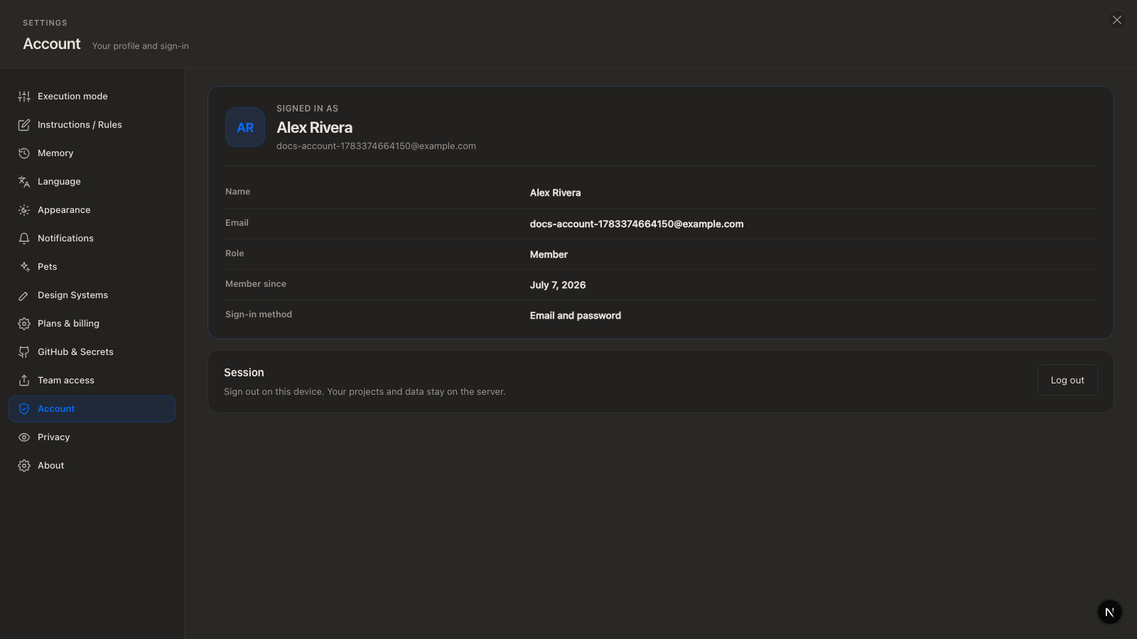 Account settings section with the Log out button