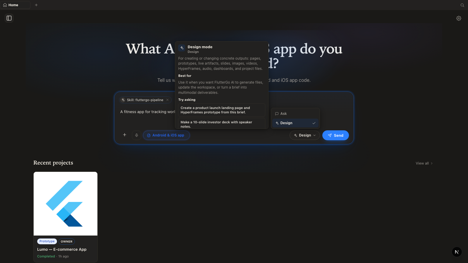 Mode selector open, showing Ask and Design options with the Design mode explainer