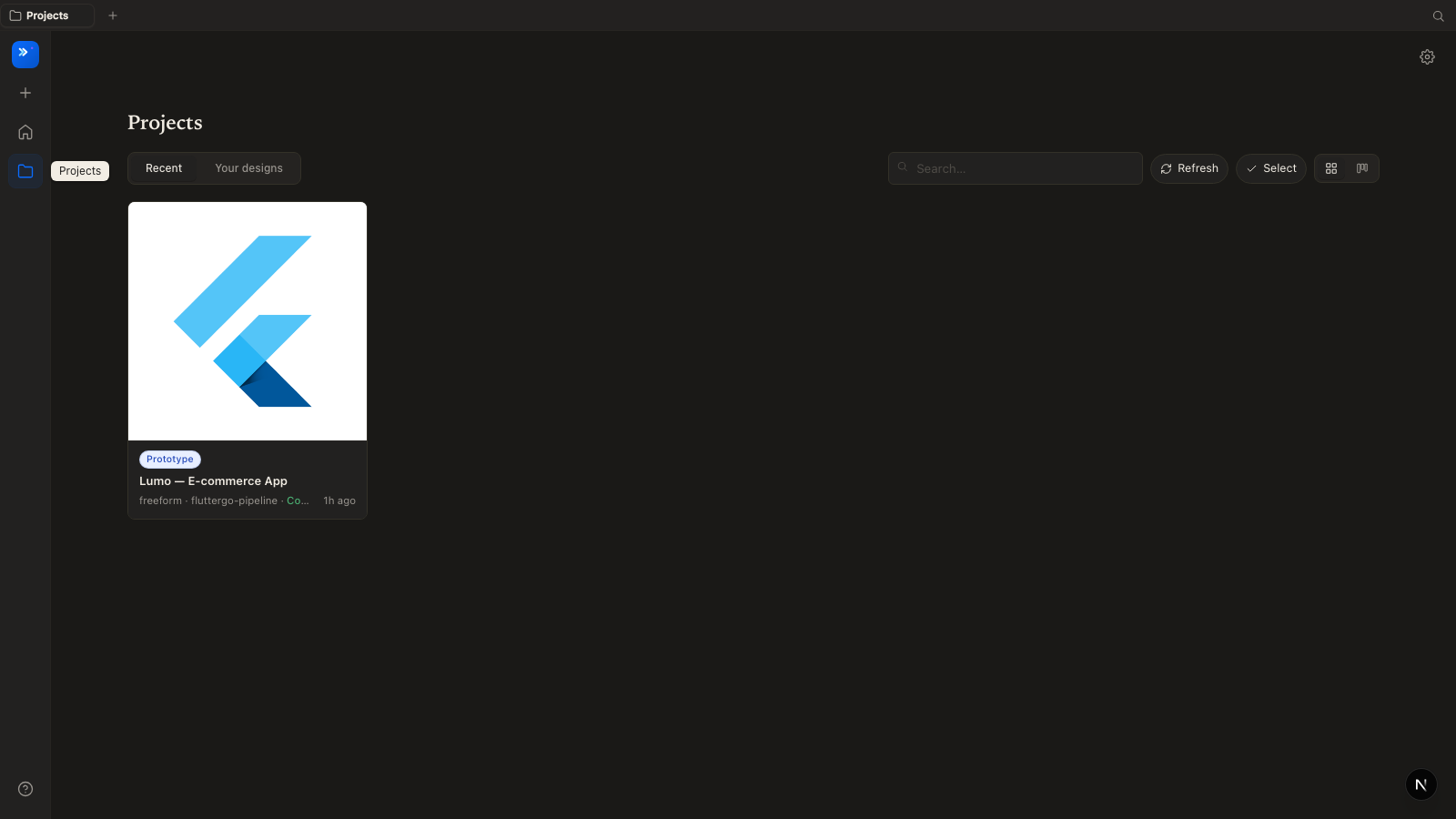 The Projects page with the project library