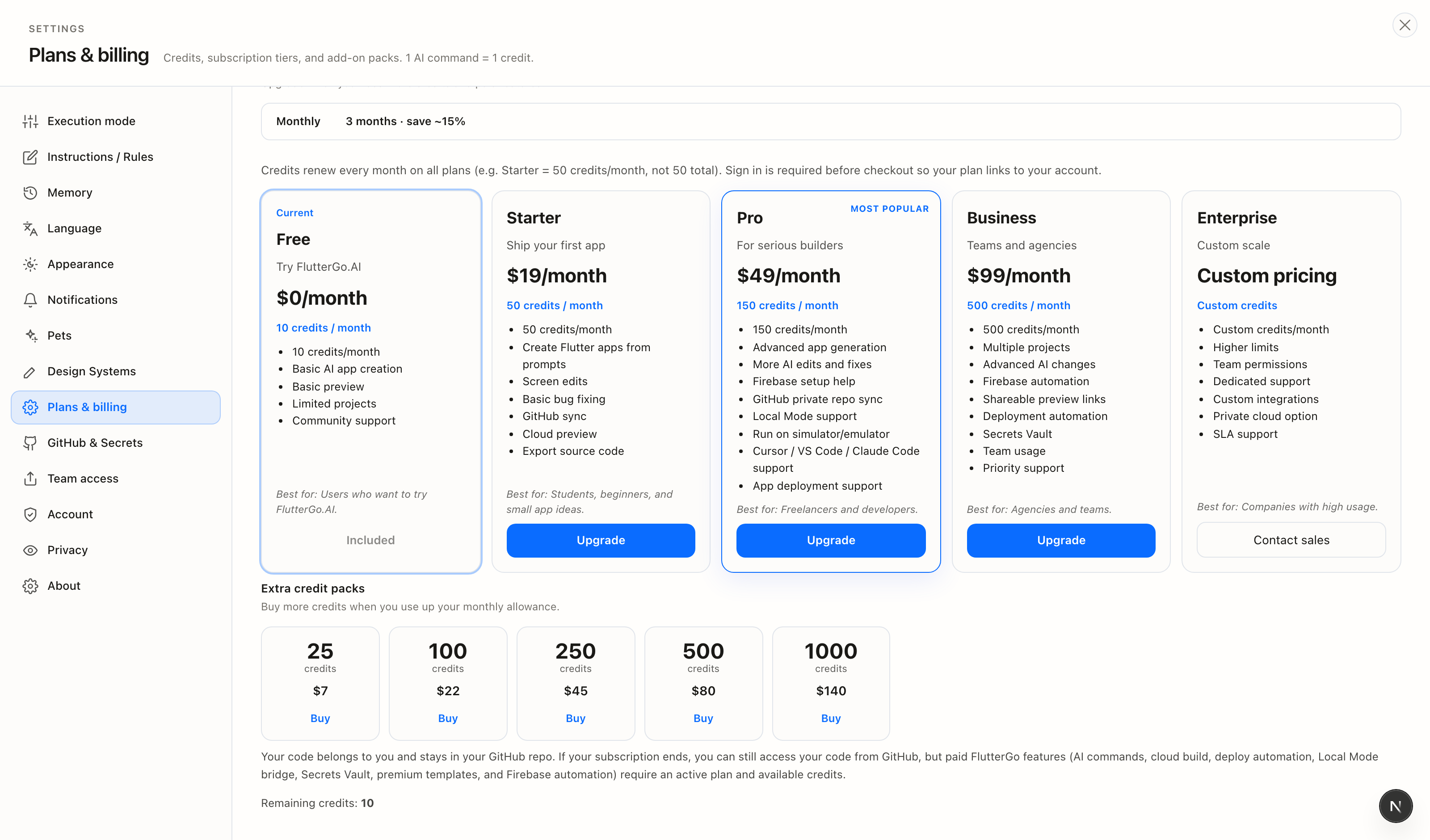 Credit pack cards with Buy buttons