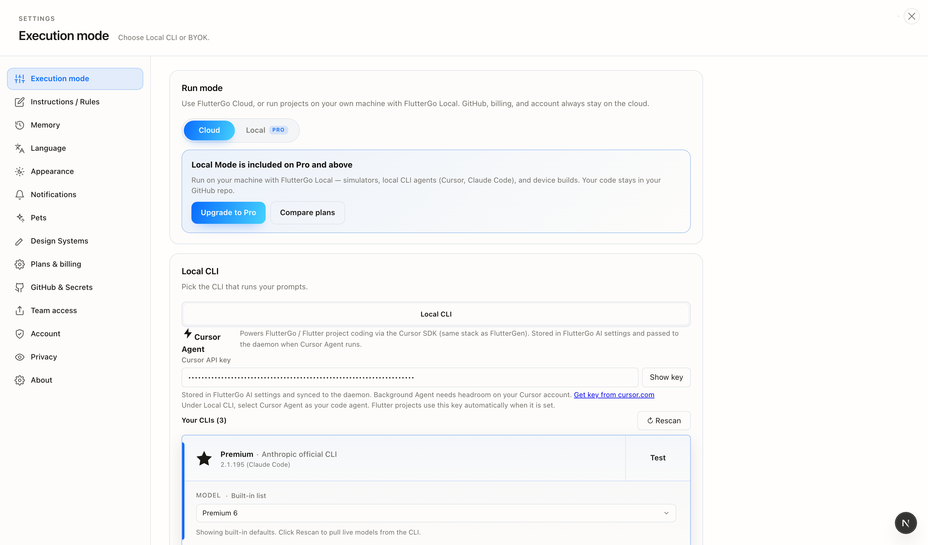 Settings dialog with sections listed in a left sidebar