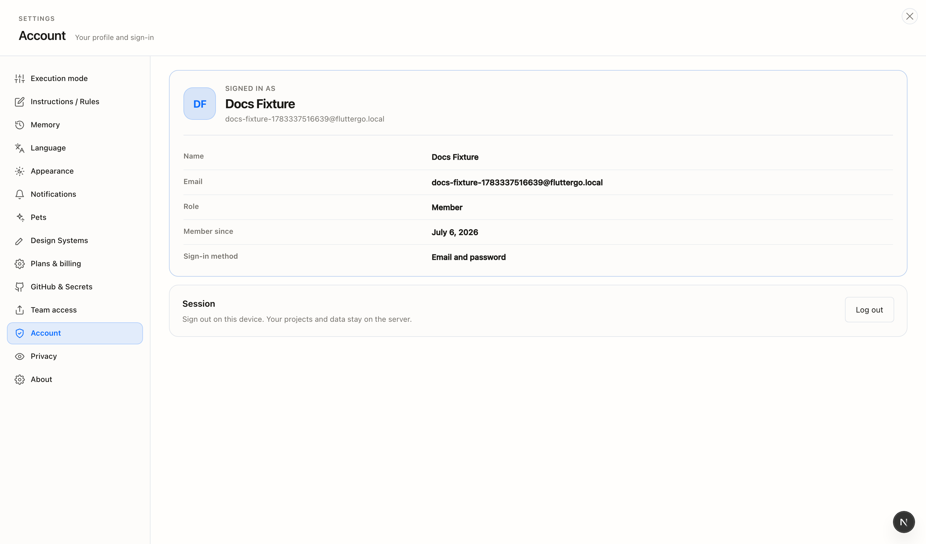 Account section showing profile details and the Log out button