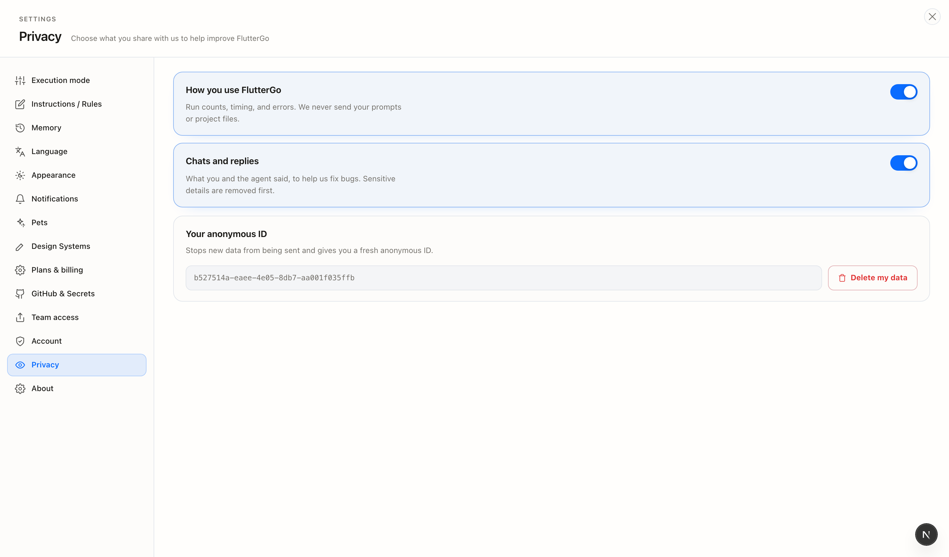 Privacy settings with data sharing toggles and Delete my data