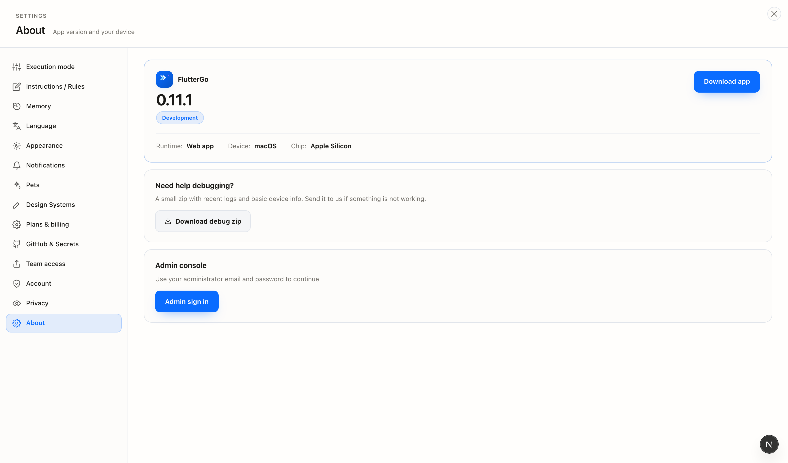 About section with version and device details