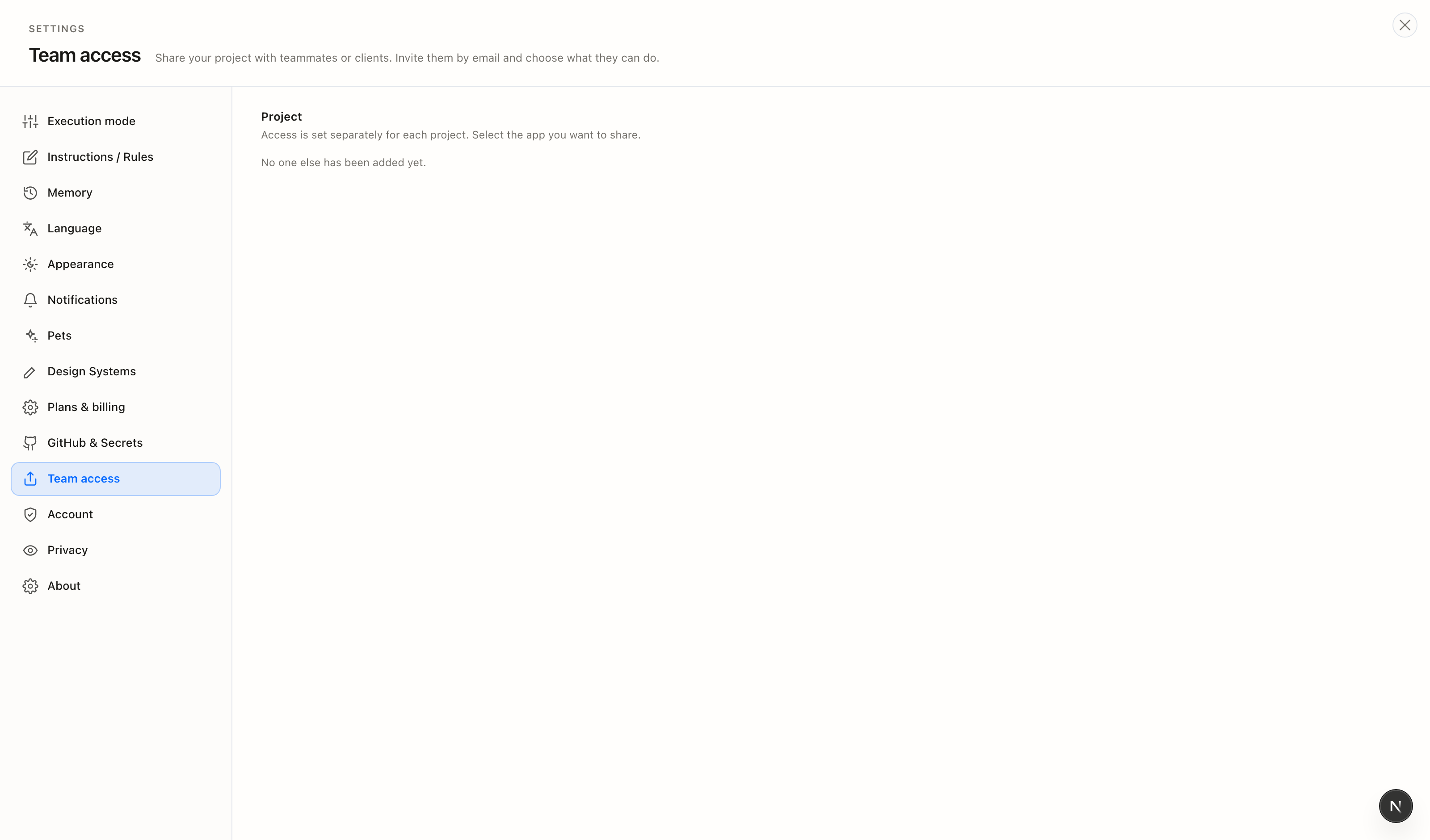 Team access section with member list and invite form