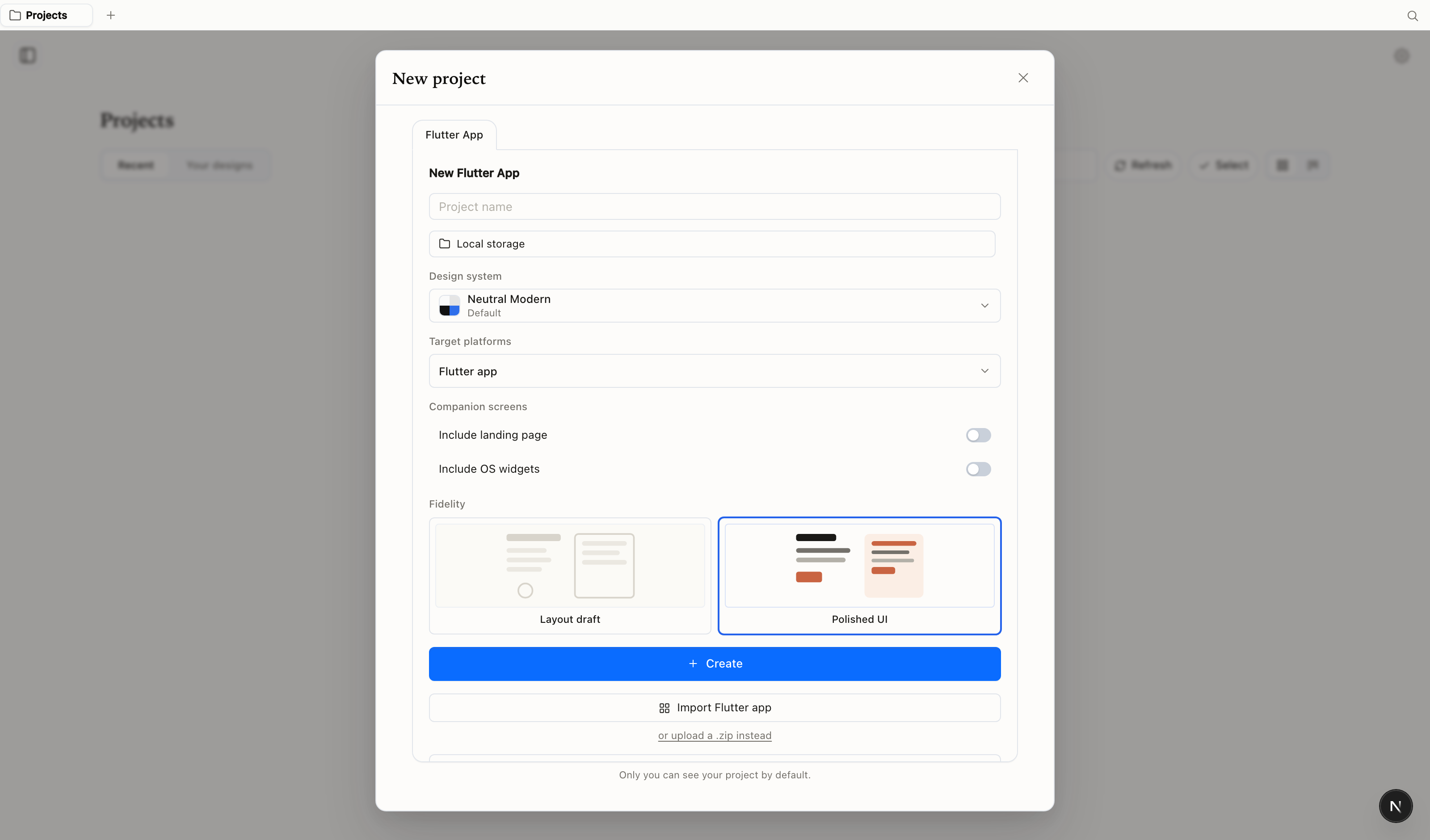 The bottom of the New Android and iOS App dialog showing the import buttons