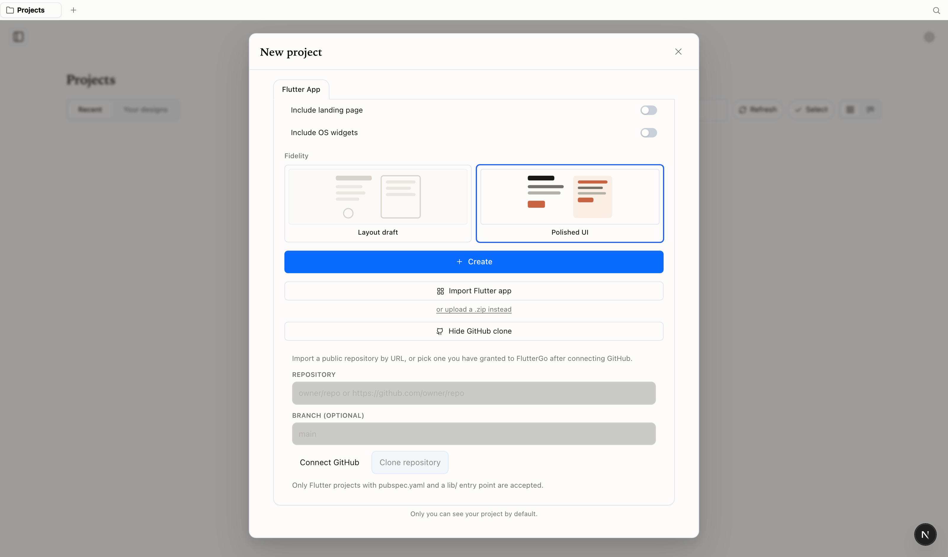 The expanded Clone from GitHub panel with Repository and Branch fields
