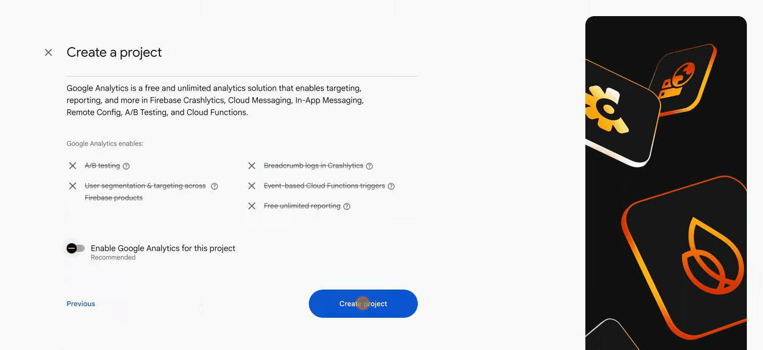 Naming the new project in the Firebase console
