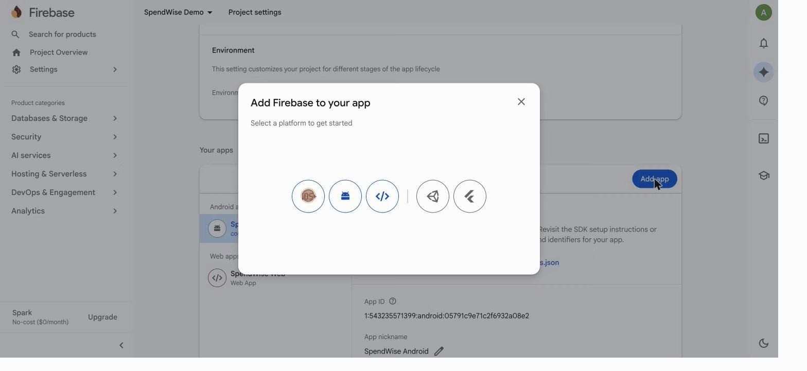 The platform picker in Add Firebase to your app