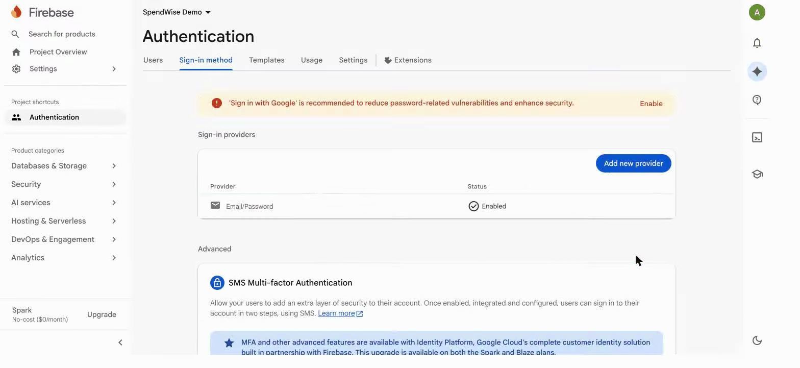 Email/Password showing Enabled in Sign-in providers