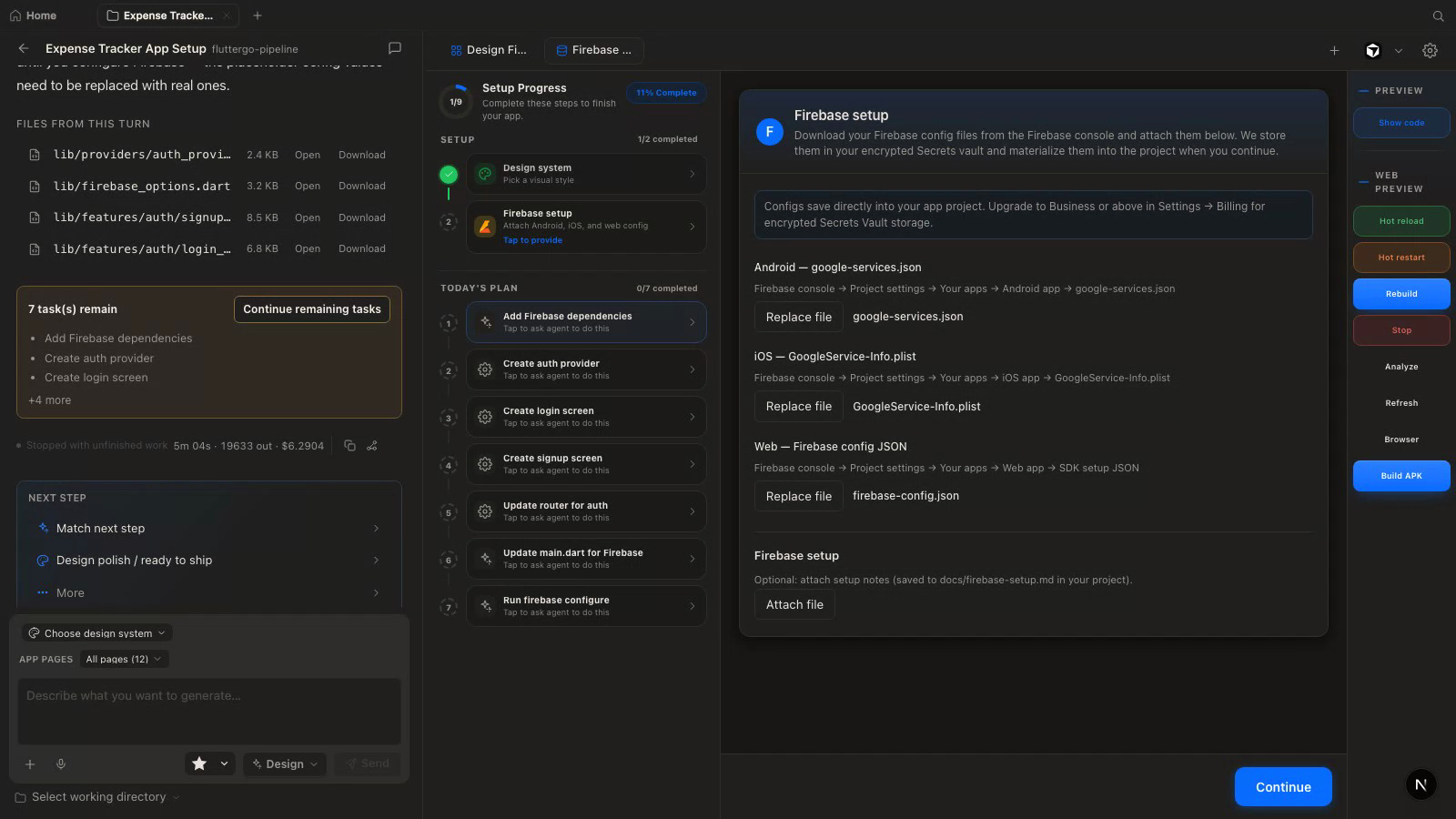 The Firebase setup panel with all three config files attached