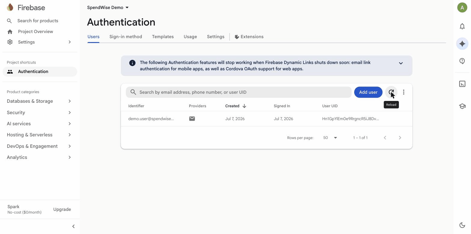 The new user listed in Firebase Authentication