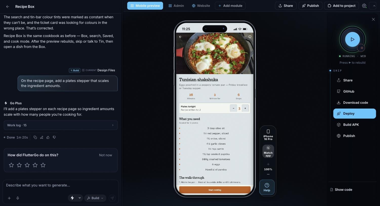 The workspace: chat on the left, the app in the phone preview, and the Ship list in the right panel
