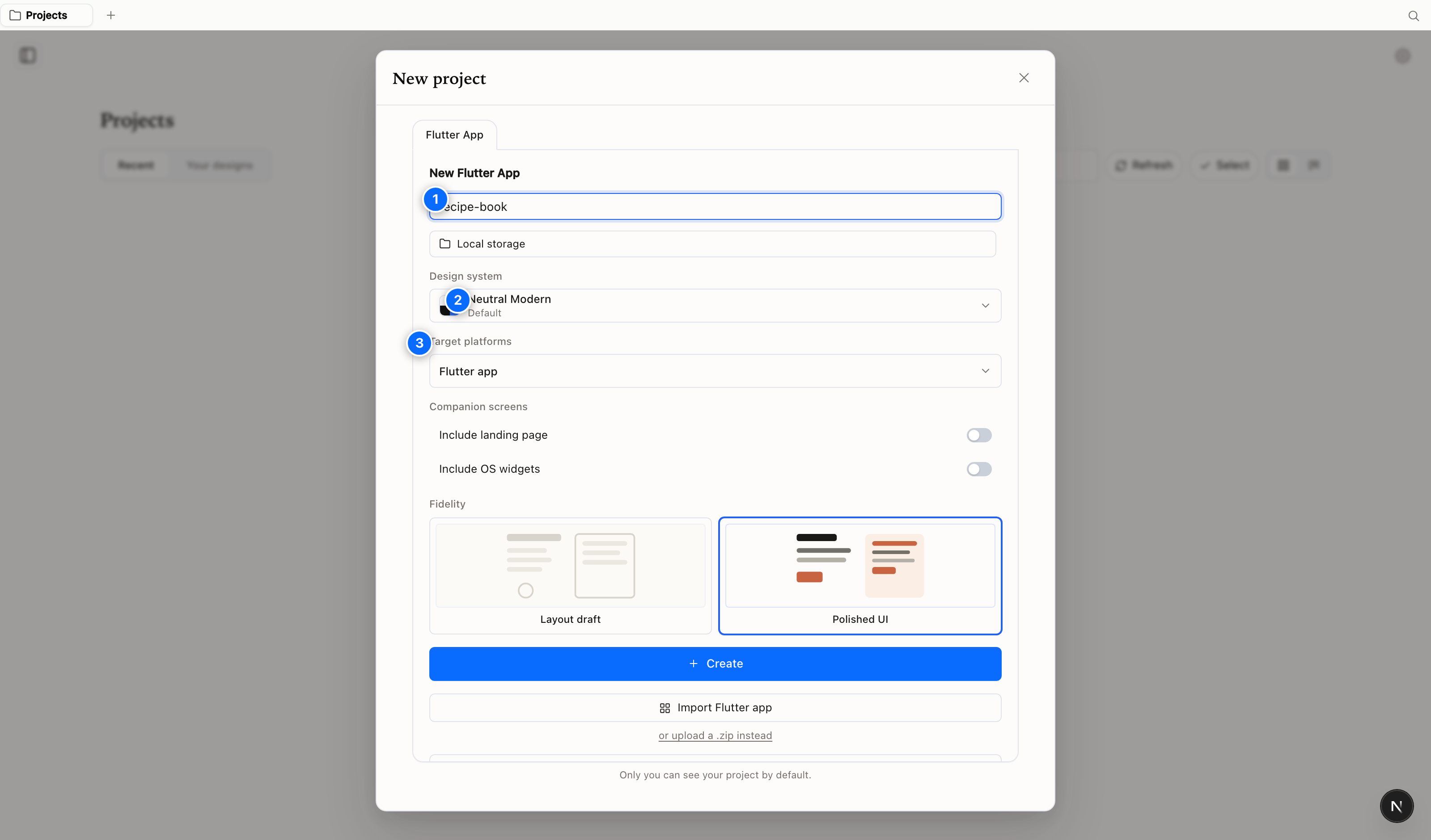 new project dialog