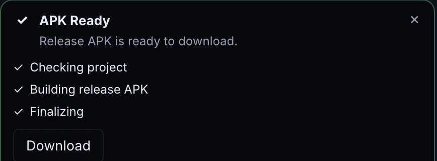 APK ready: checking project, building release APK, finalizing, download