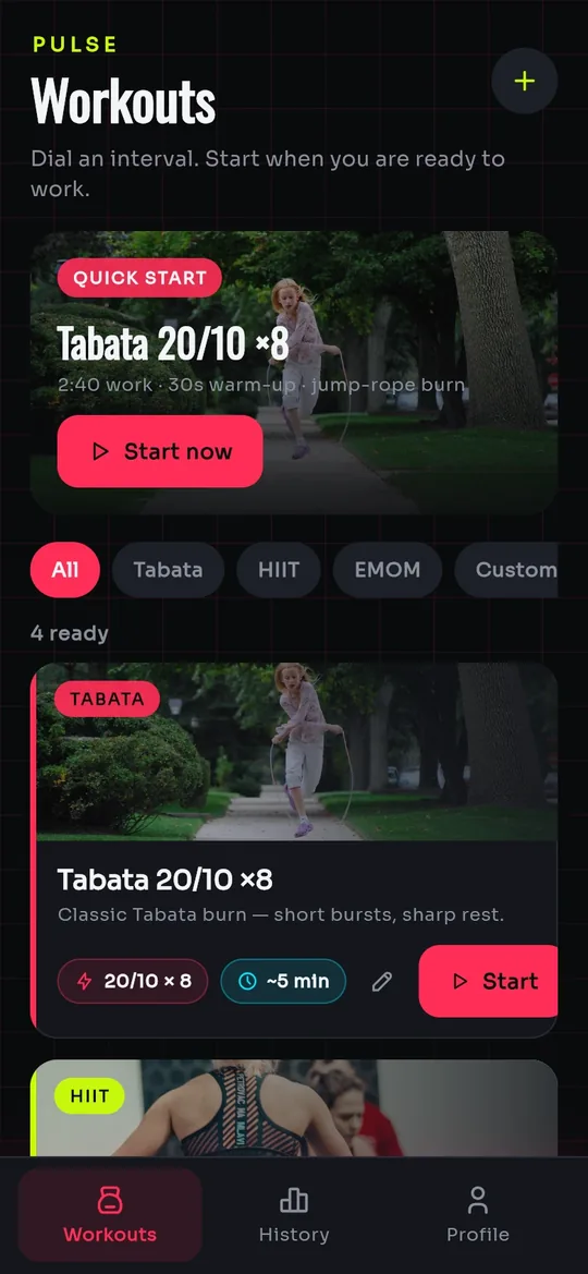 Pulse: interval workouts app built with FlutterGo, running in the live preview
