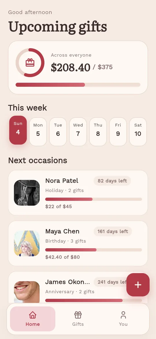 Ribbon: gift planner app built with FlutterGo, running in the live preview