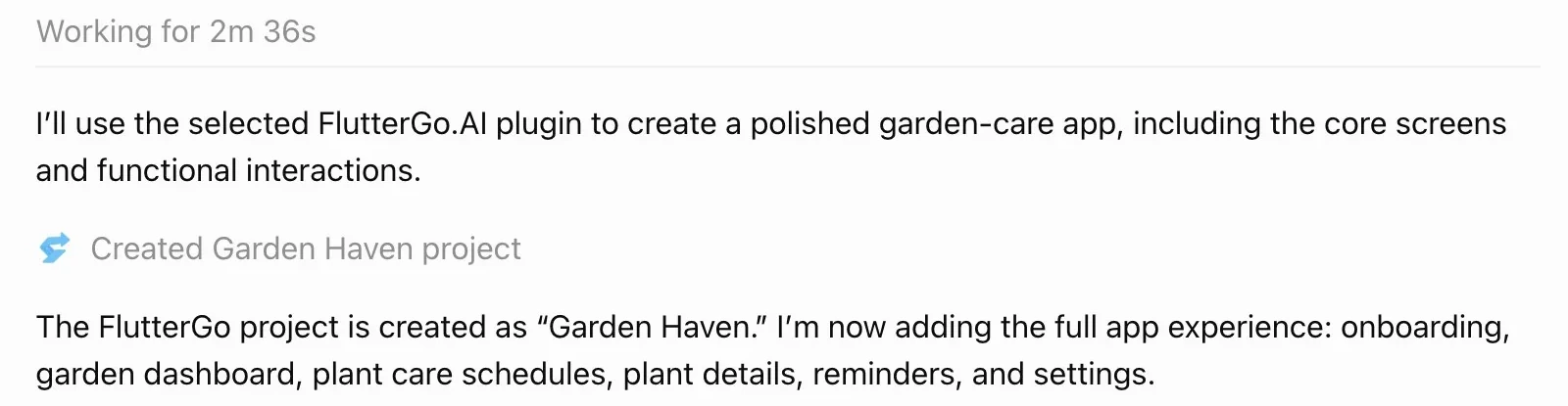 ChatGPT creating a garden app through the FlutterGo app