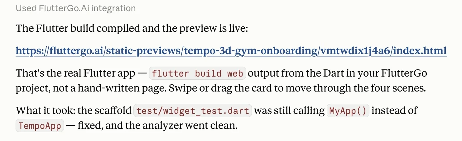 Claude building a Flutter app through the FlutterGo MCP and returning the live preview link